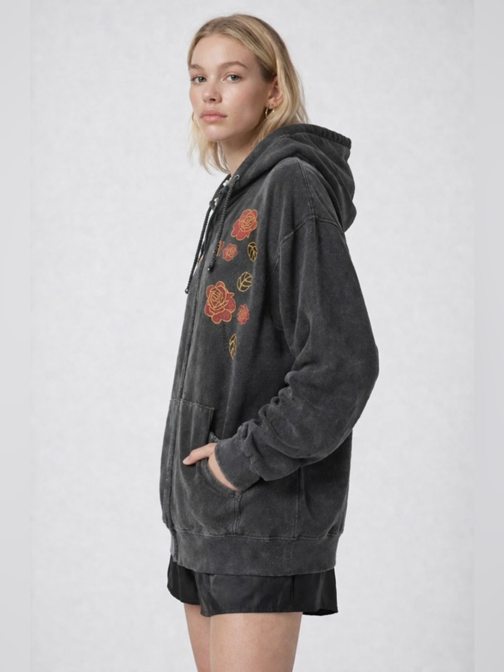 2Pac Tupac Rose Graphic Oversized Unisex Zip Hoodie Washed Black Streetwear Sz L - Picture 7 of 10
